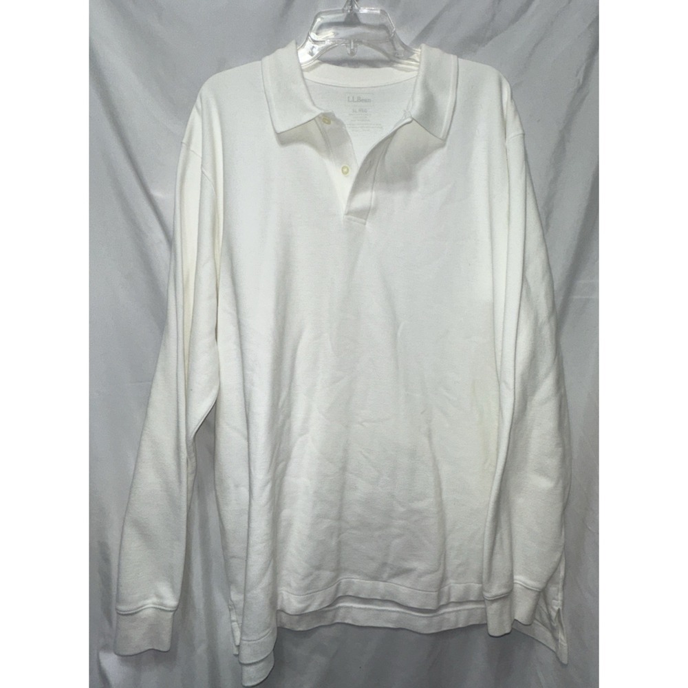 LL Bean Men's Long Sleeve Piqué Polo Shirt White 100% Cotton Traditional Fit L